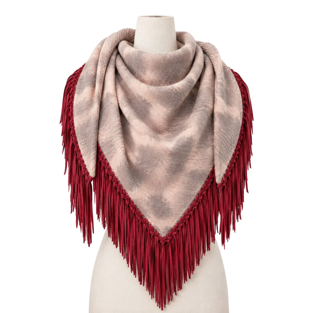 Pashmina in Old Rose Pink/Walnut Tie Die with Raspberry Suede Leather Fringe