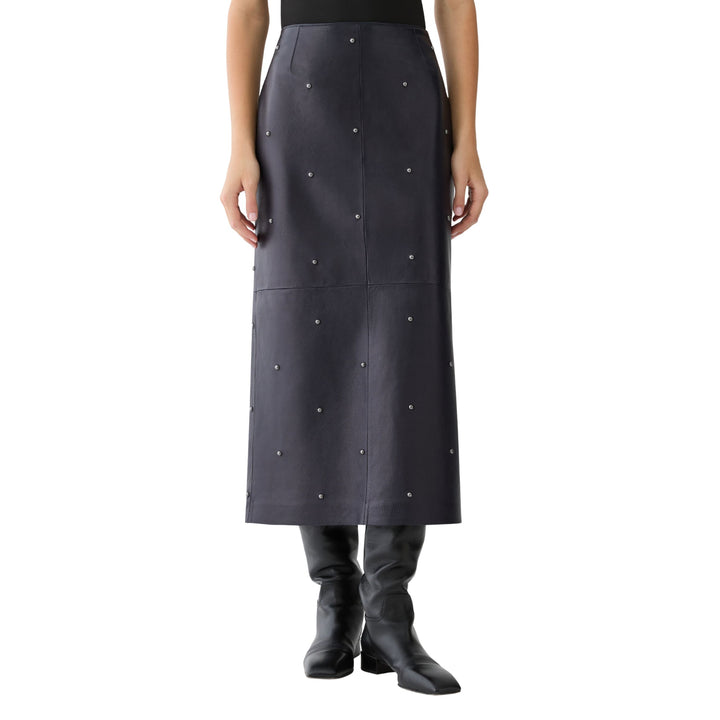 Hand-Studded Gunmetal Rivet Leather Column Skirt