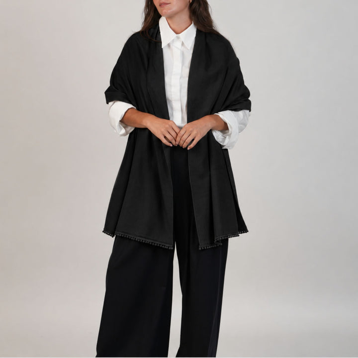 Satin Weave Stole with Satin Ball Fringe in Black