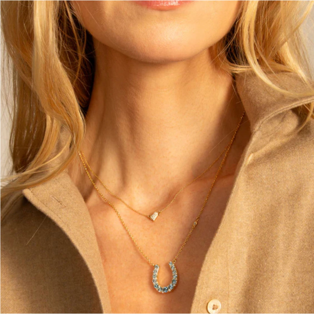 Aquamarine and Diamond Horseshoe YG Charm Necklace