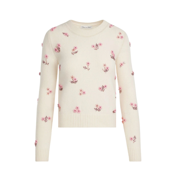 Floral Embroidered Wool Pullover in Ivory