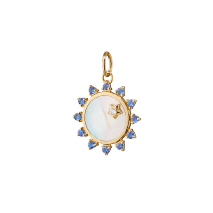MOP Sun Charm with Diamond and Blue Sapphires on 17" Chain