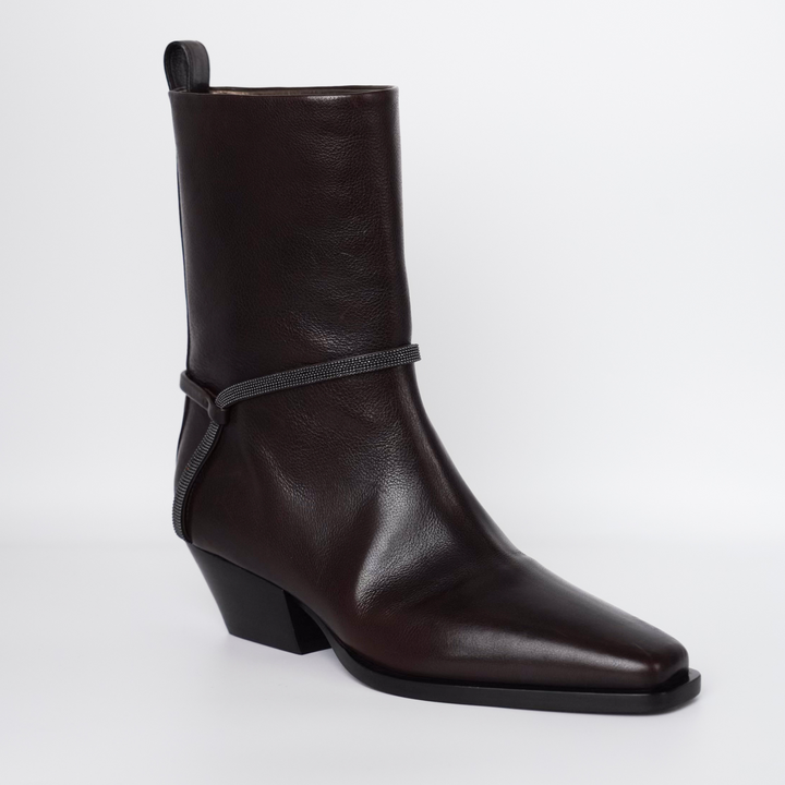 Leather City Block Heel Boots with Monili Harness Detail