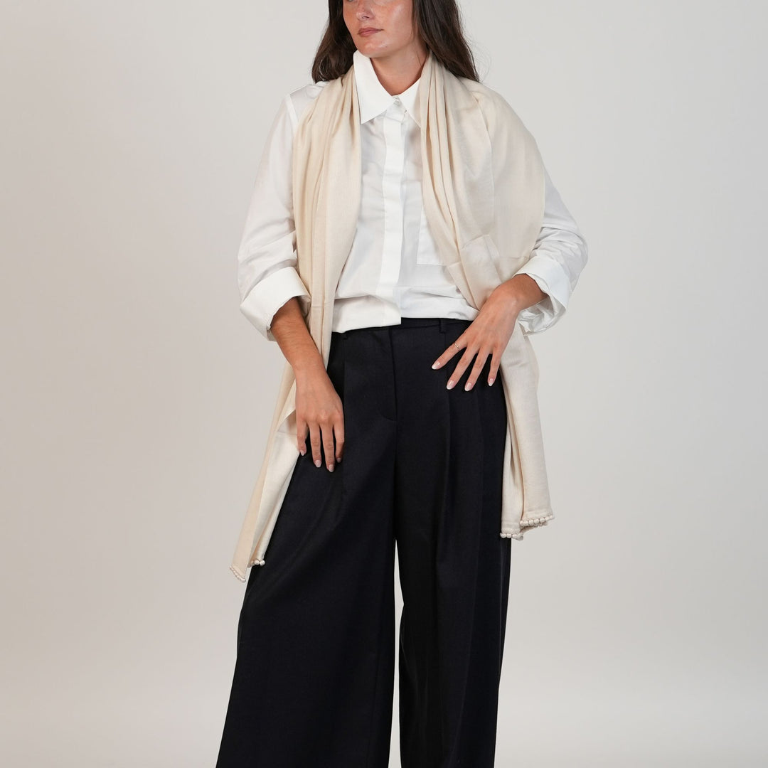Satin Weave Stole with Satin Ball Fringe in Ivory