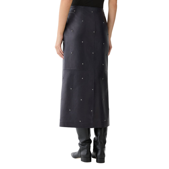 Hand-Studded Gunmetal Rivet Leather Column Skirt