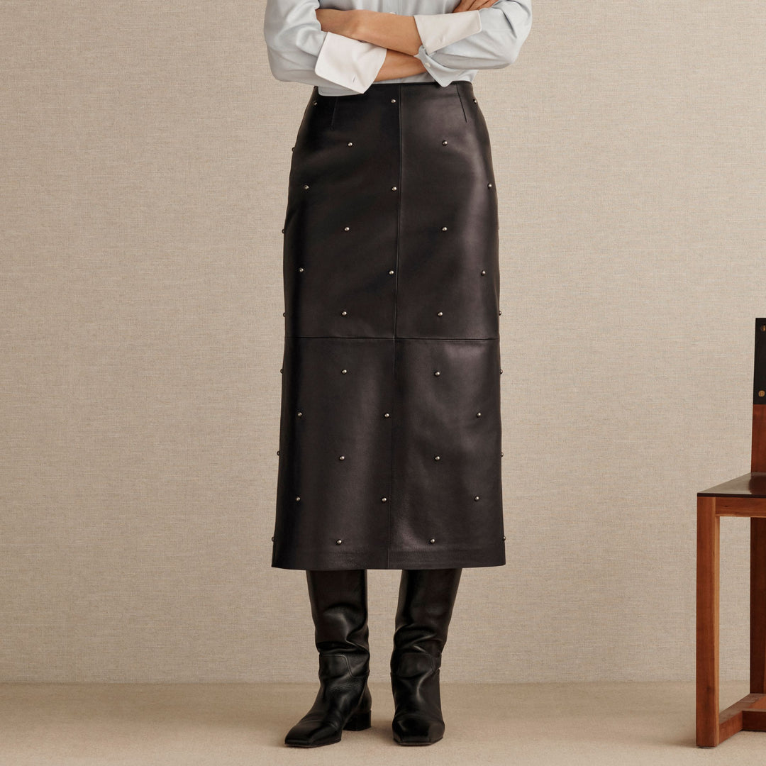Hand-Studded Gunmetal Rivet Leather Column Skirt