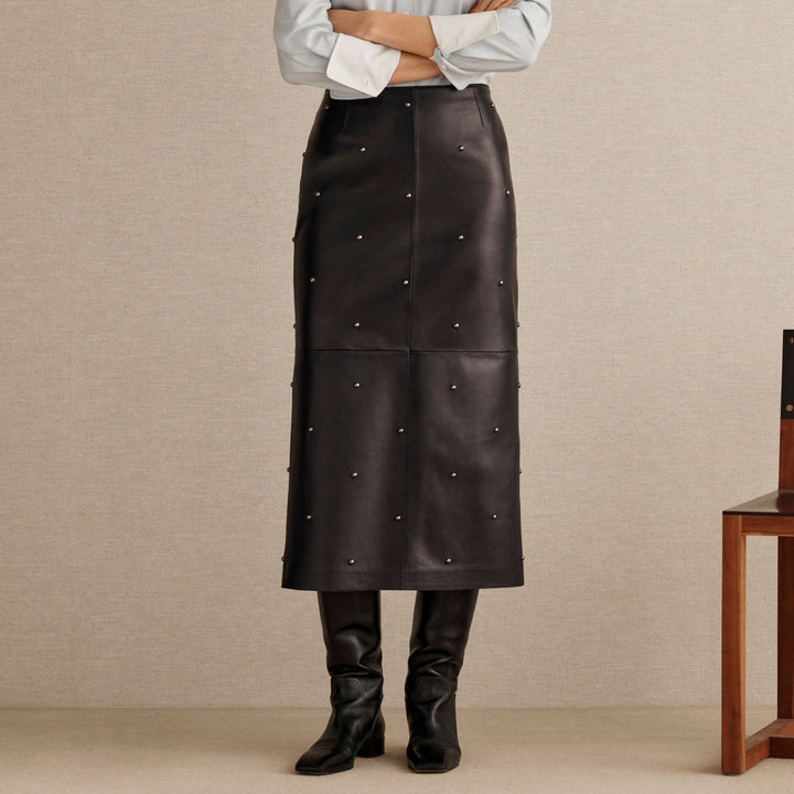 Hand-Studded Gunmetal Rivet Leather Column Skirt