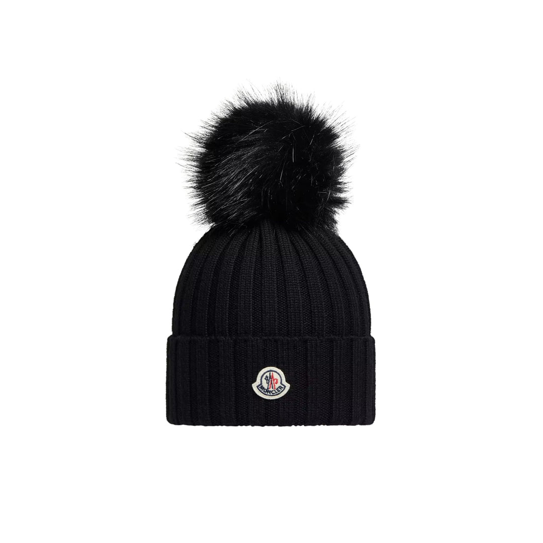 Wool Beanie with Pom Pom in Black