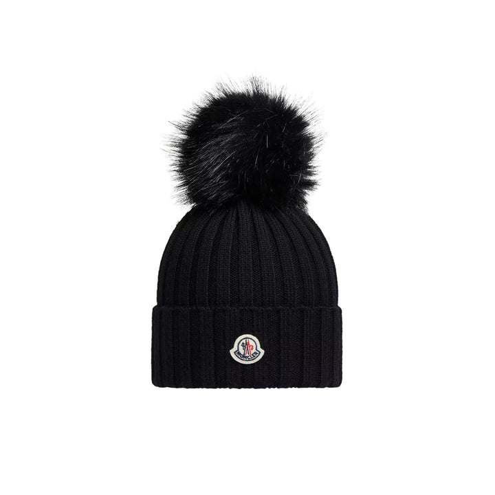 Wool Beanie with Pom Pom in Black