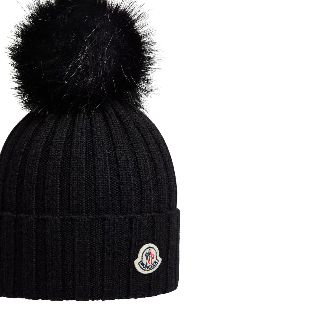 Wool Beanie with Pom Pom in Black