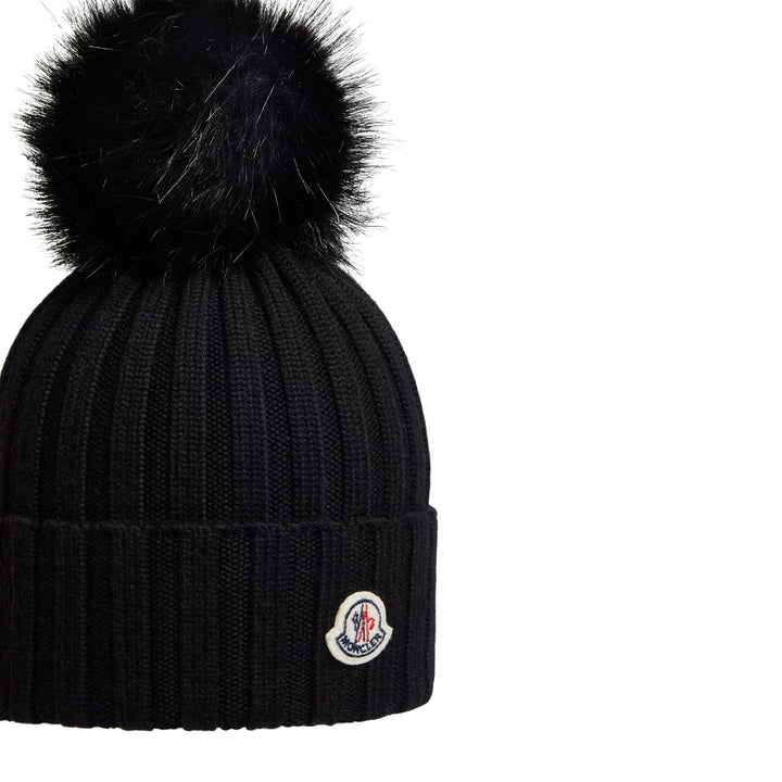 Wool Beanie with Pom Pom in Black