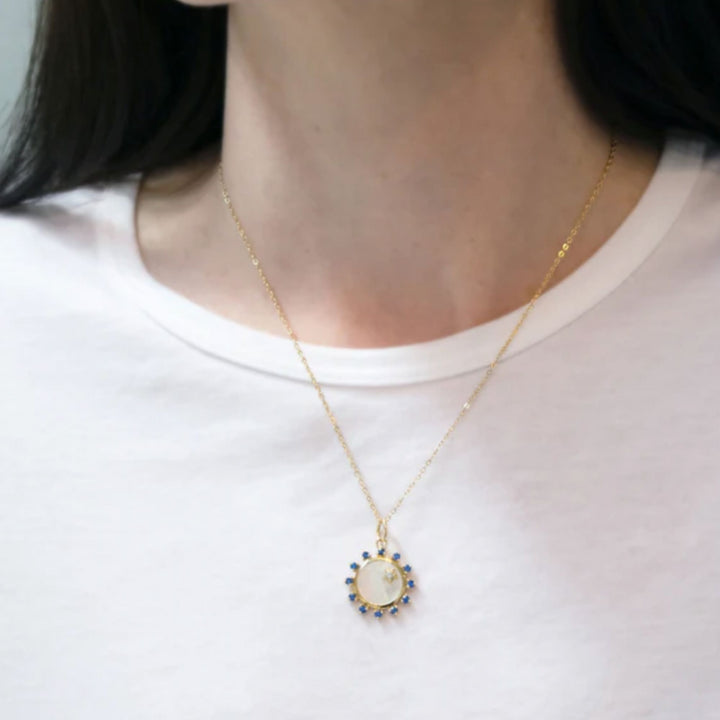 MOP Sun Charm with Diamond and Blue Sapphires on 17" Chain