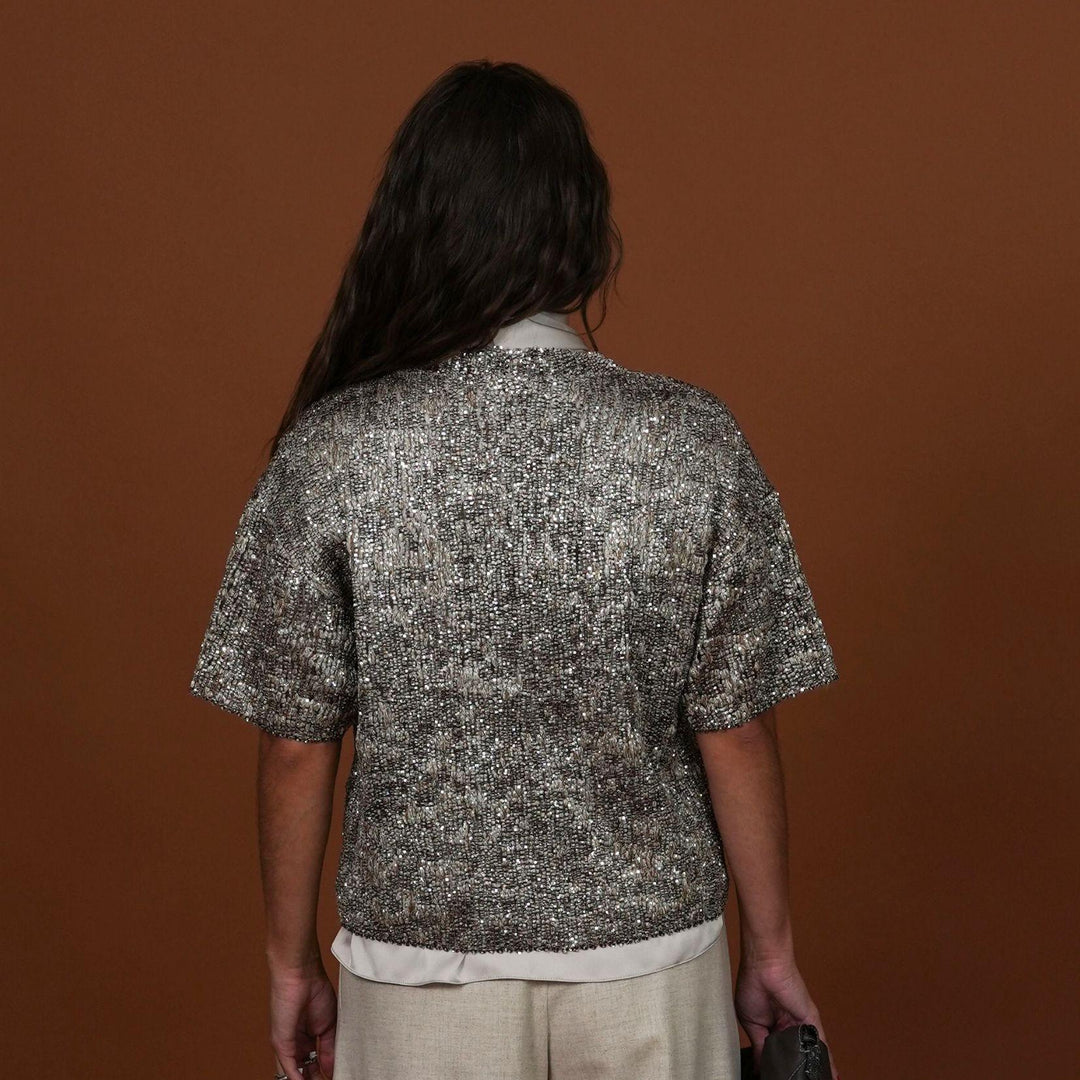 Embellished Short Sleeve Knit Sweater