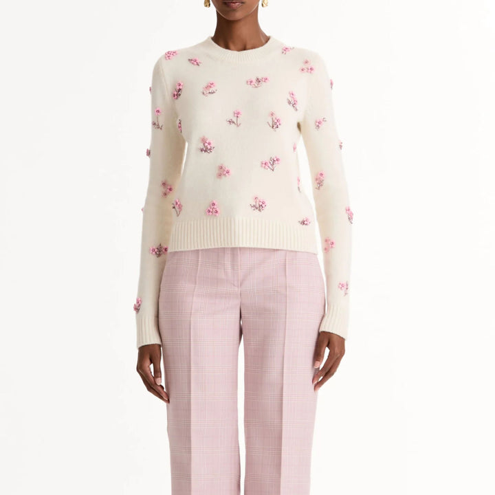 Floral Embroidered Wool Pullover in Ivory