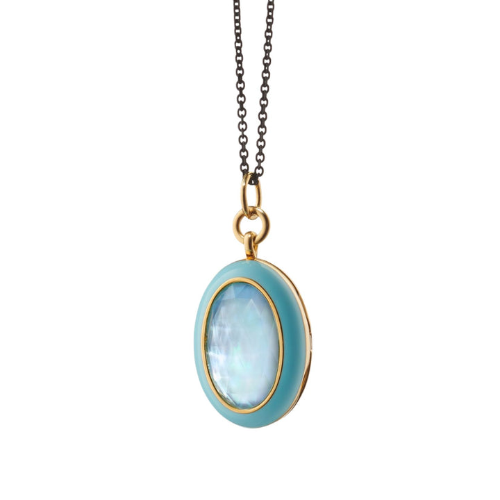 Blue Oval Enamel Locket on 32" Chain in Blue Topaz/MOP