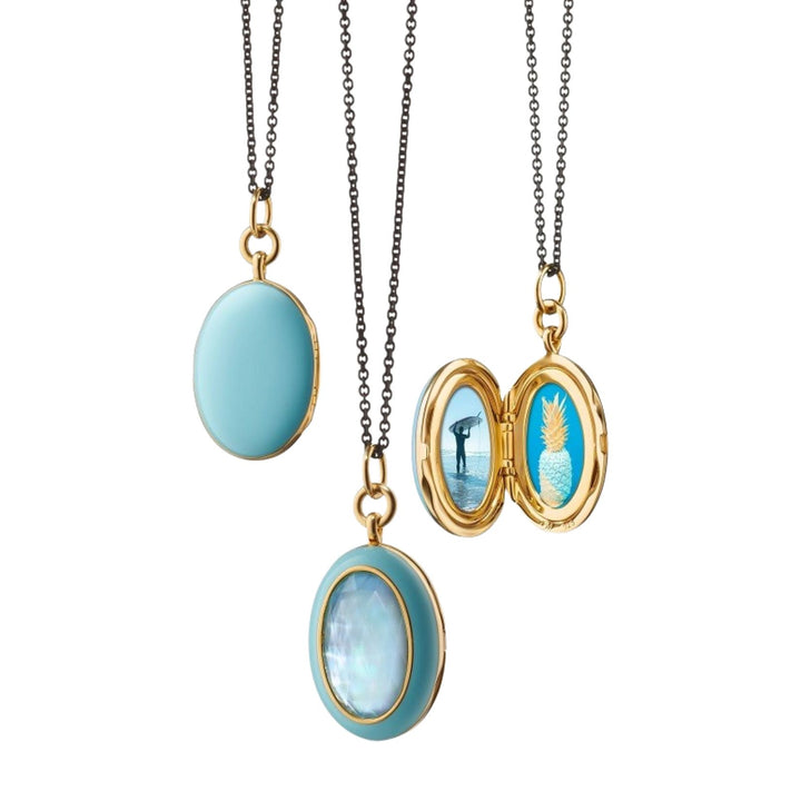 Blue Oval Enamel Locket on 32" Chain in Blue Topaz/MOP