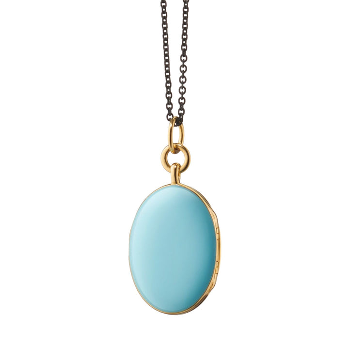 Blue Oval Enamel Locket on 32" Chain in Blue Topaz/MOP