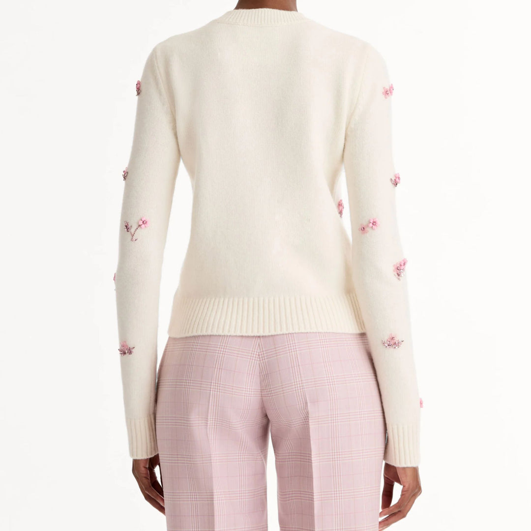 Floral Embroidered Wool Pullover in Ivory