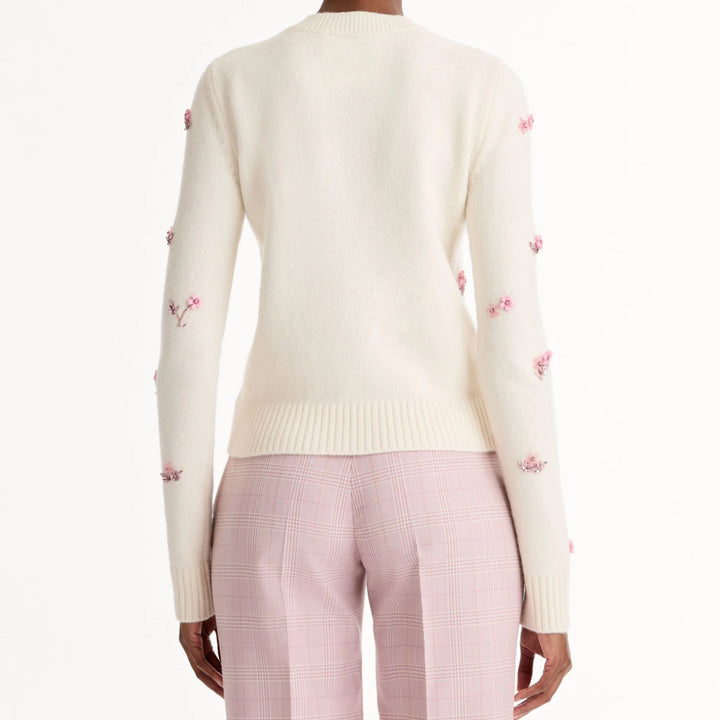 Floral Embroidered Wool Pullover in Ivory
