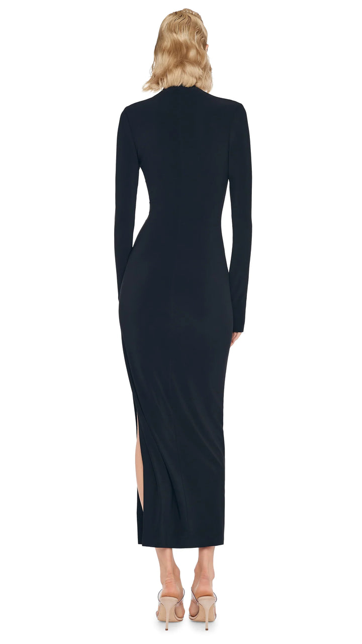 Long Sleeve Deep U-Neck Side Slit Gown