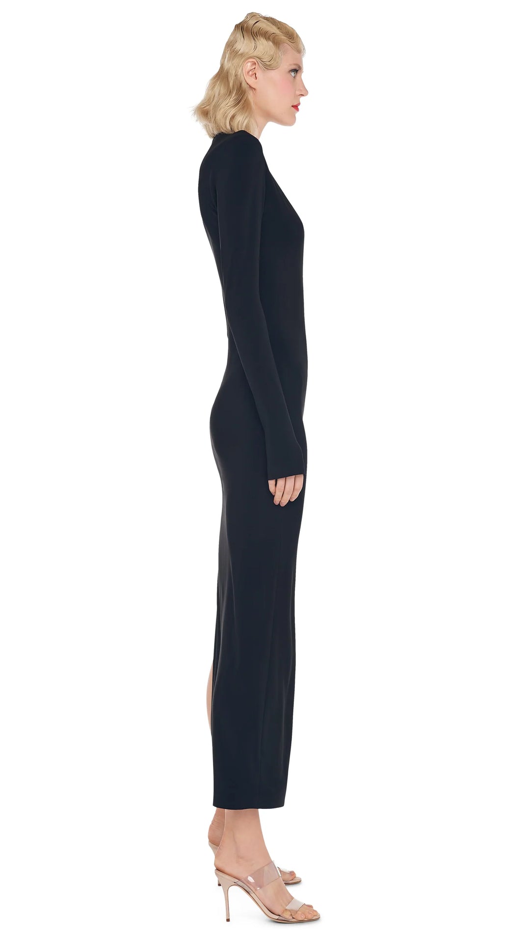 Long Sleeve Deep U-Neck Side Slit Gown