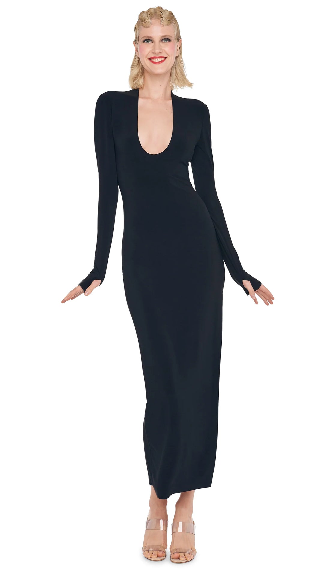 Long Sleeve Deep U-Neck Side Slit Gown