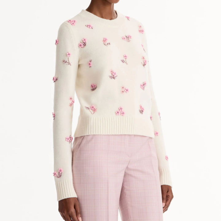 Floral Embroidered Wool Pullover in Ivory