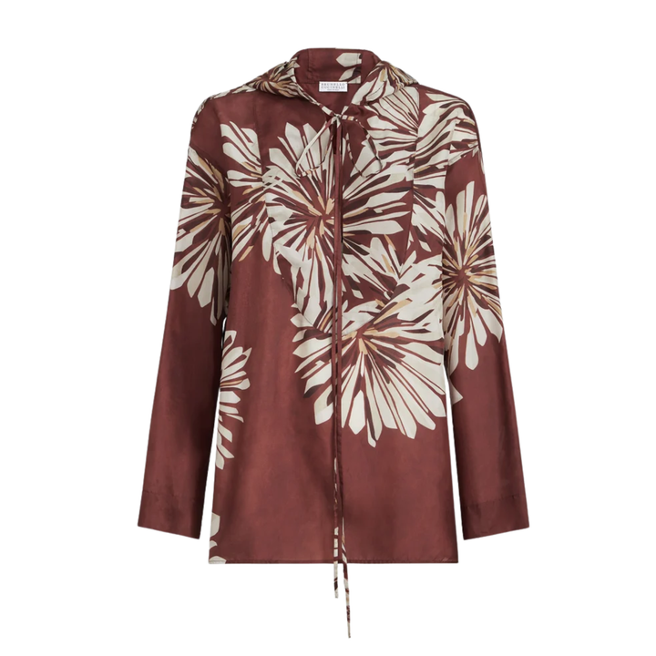 Abstract Dahlias Print Pongee Seaside Hooded Blouse