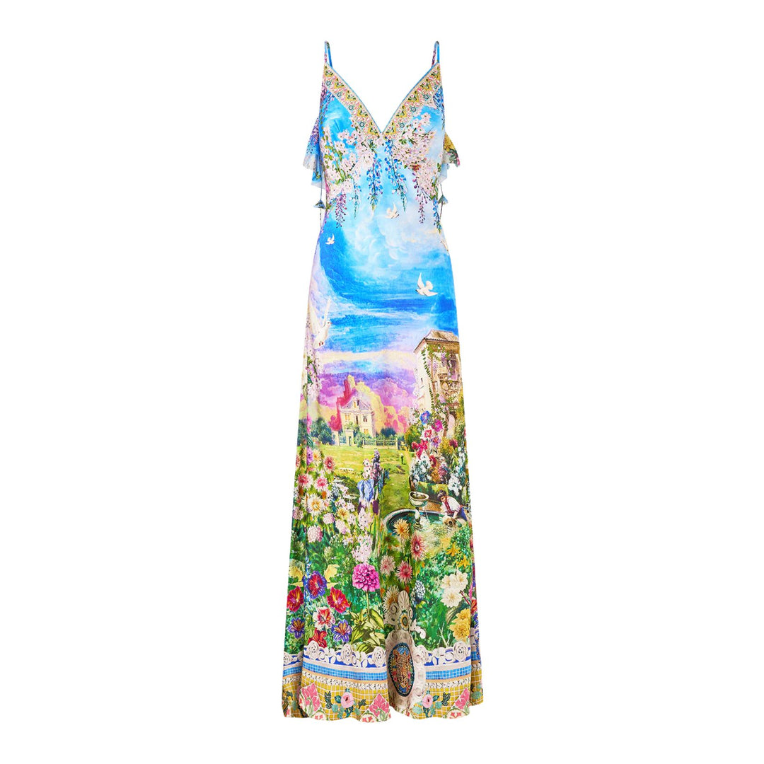 V Neck Bias Slip Dress With Back Frill in Navas Nouveau