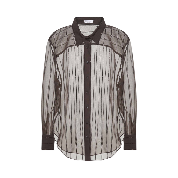 Wool Gauze Dotted Stripe Pailette Embroidered Blouse