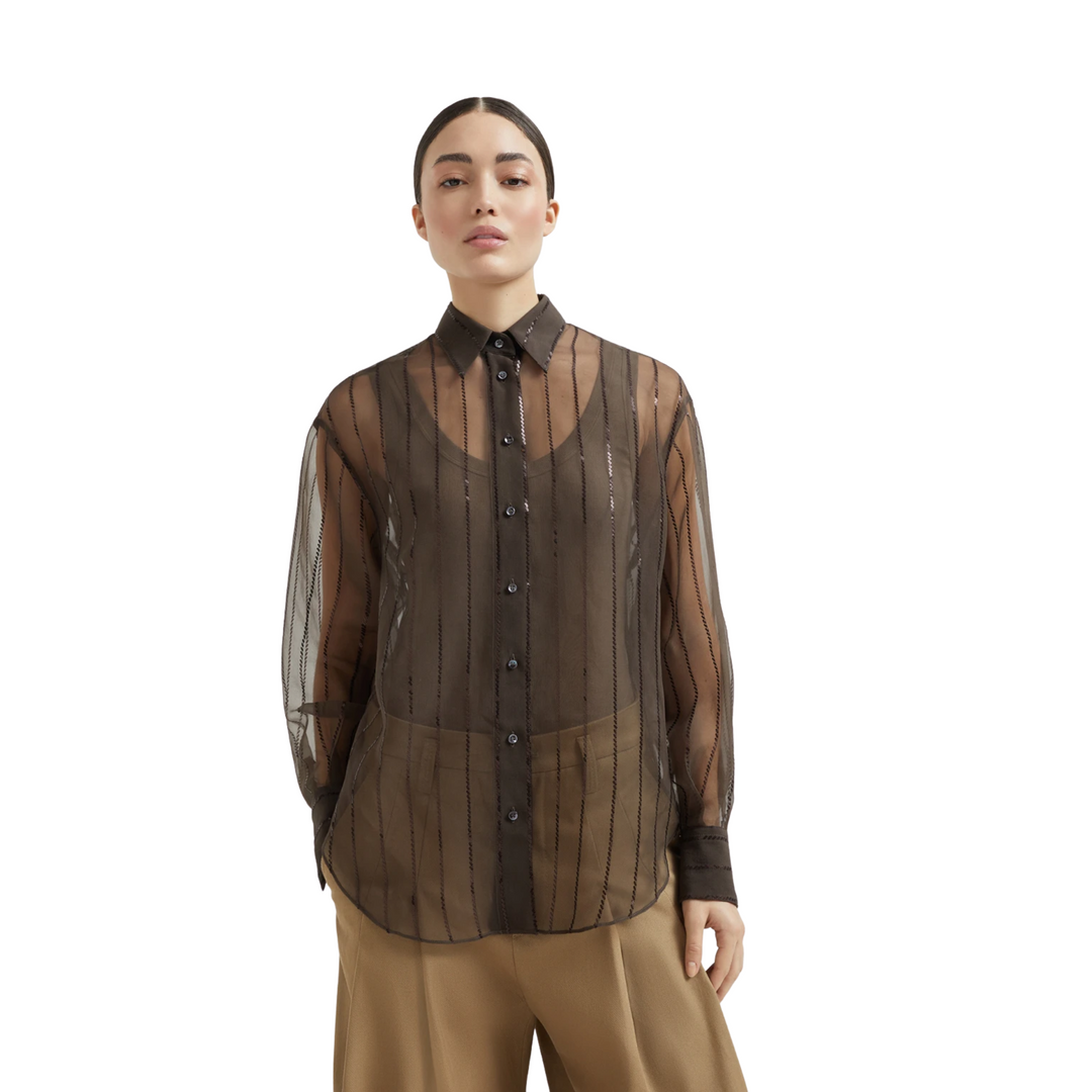 Wool Gauze Dotted Stripe Pailette Embroidered Blouse