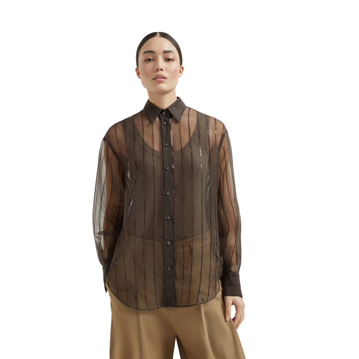 Wool Gauze Dotted Stripe Pailette Embroidered Blouse