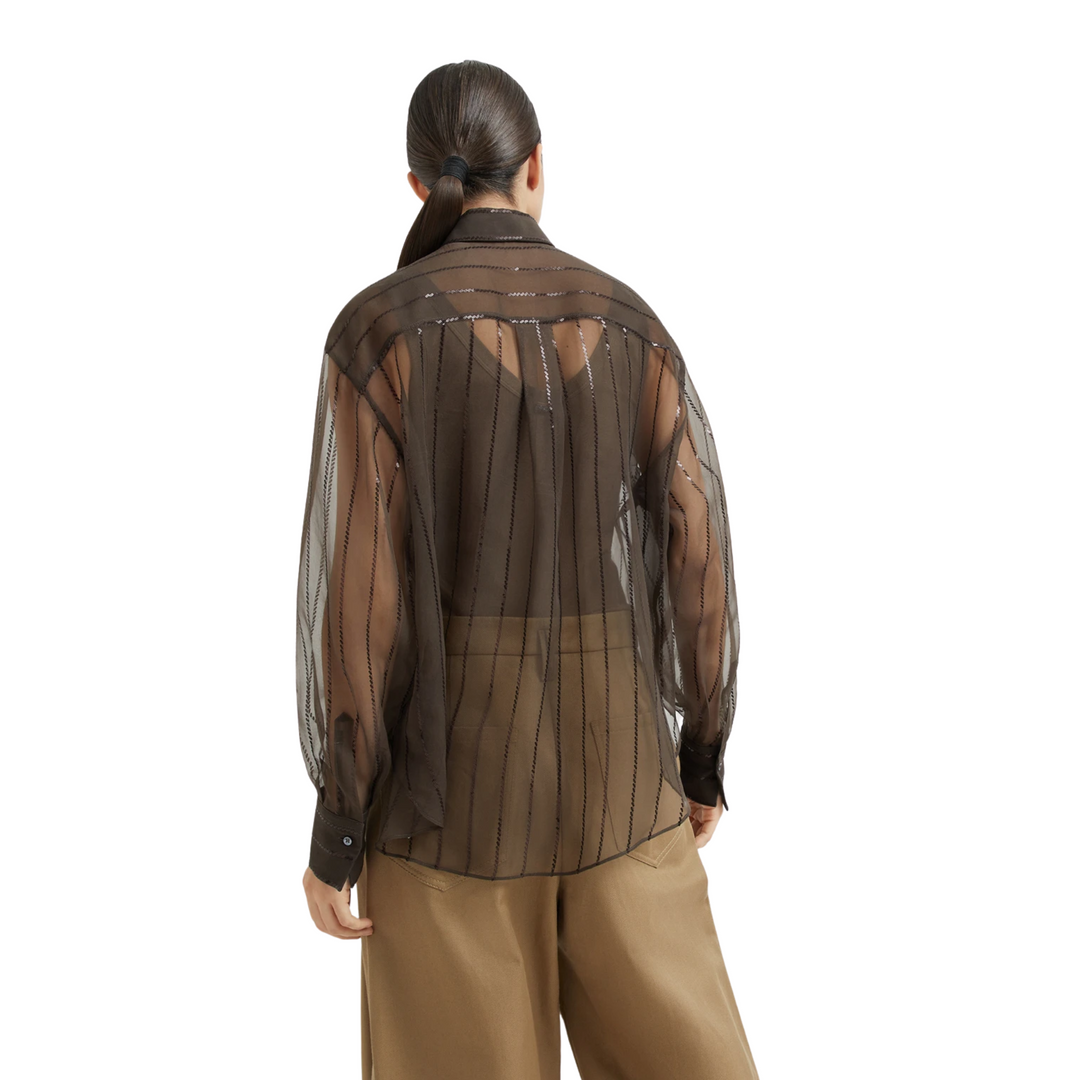 Wool Gauze Dotted Stripe Pailette Embroidered Blouse