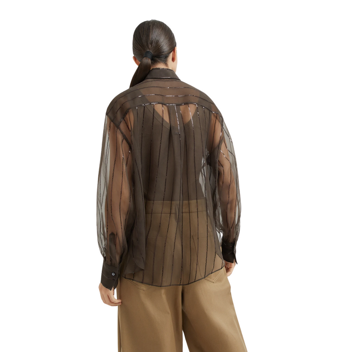 Wool Gauze Dotted Stripe Pailette Embroidered Blouse