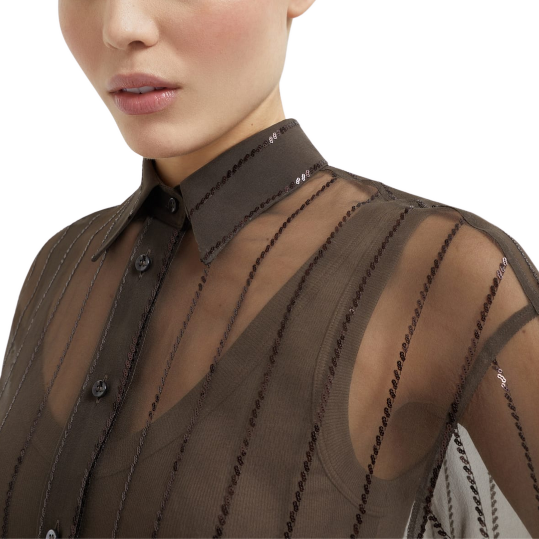 Wool Gauze Dotted Stripe Pailette Embroidered Blouse
