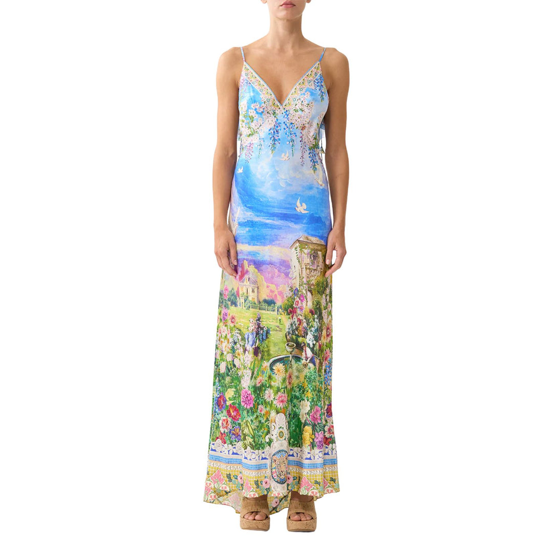 V Neck Bias Slip Dress With Back Frill in Navas Nouveau