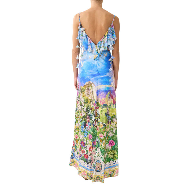 V Neck Bias Slip Dress With Back Frill in Navas Nouveau