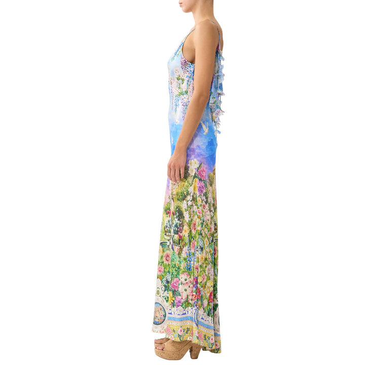 V Neck Bias Slip Dress With Back Frill in Navas Nouveau