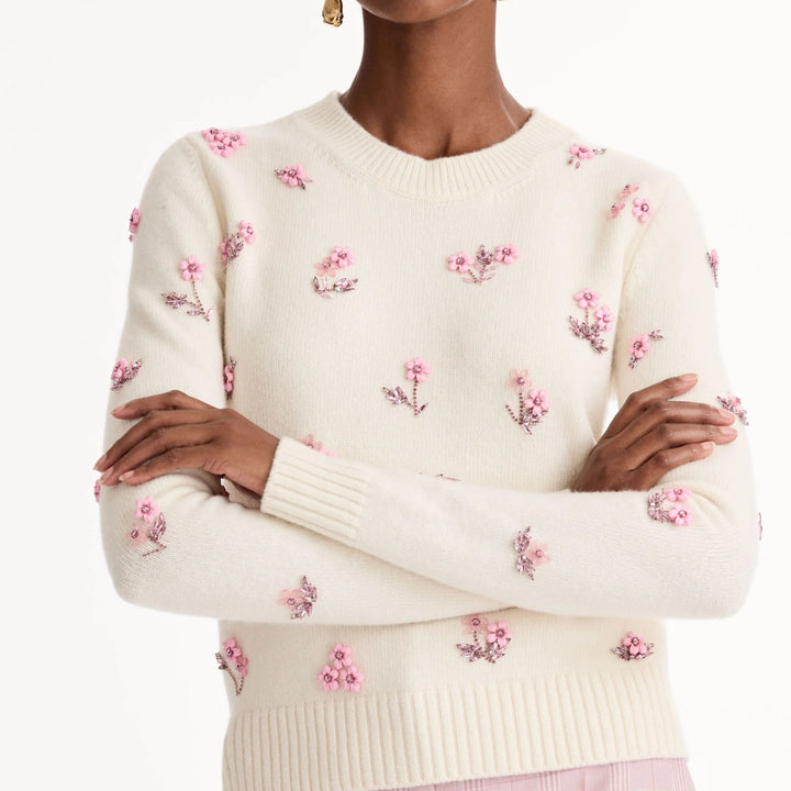 Floral Embroidered Wool Pullover in Ivory