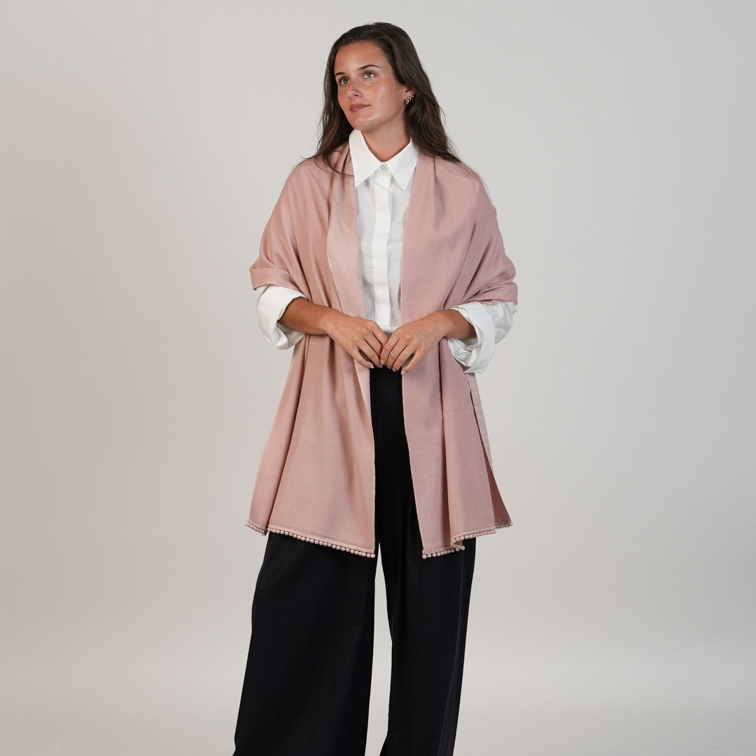 Satin Weave Stole with Satin Ball Fringe in Pansy Pink