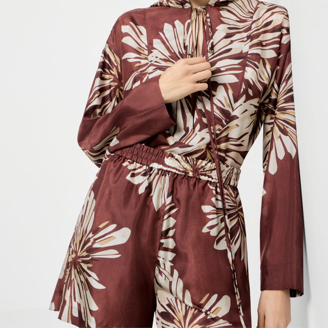 Abstract Dahlias Print Pongee Seaside Hooded Blouse