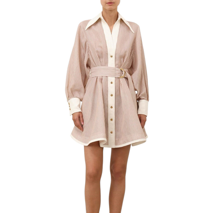 Hypnotic Tuck Mini Dress in Tan Stripe