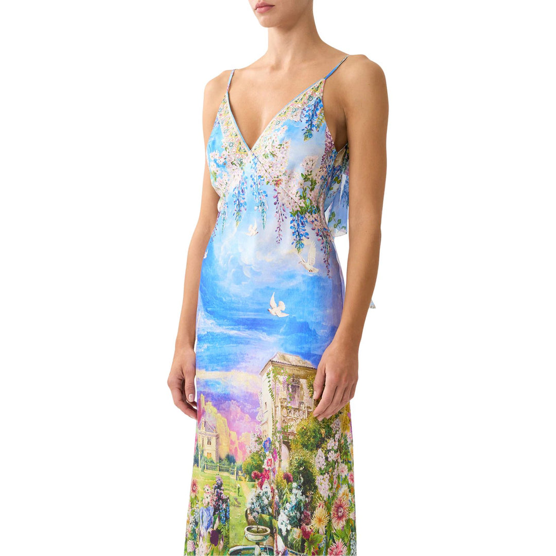 V Neck Bias Slip Dress With Back Frill in Navas Nouveau