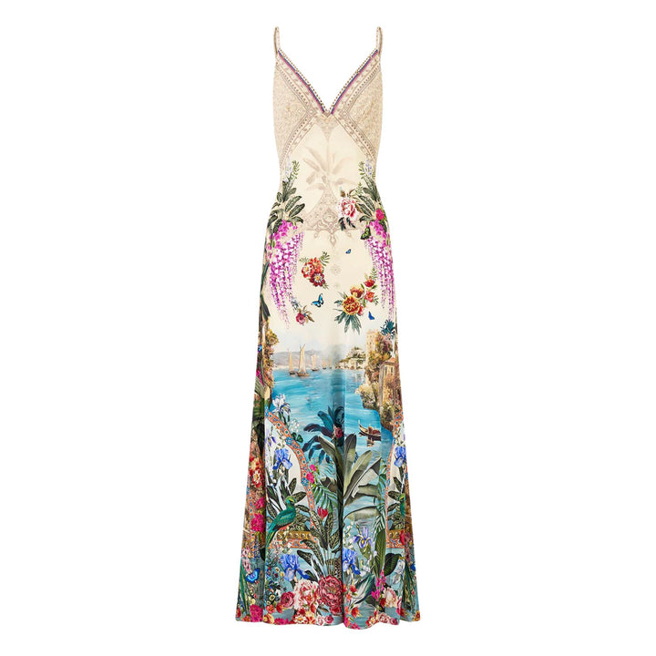 V Neck Full Length Bias Slip Dress in Bodrum Botanicals