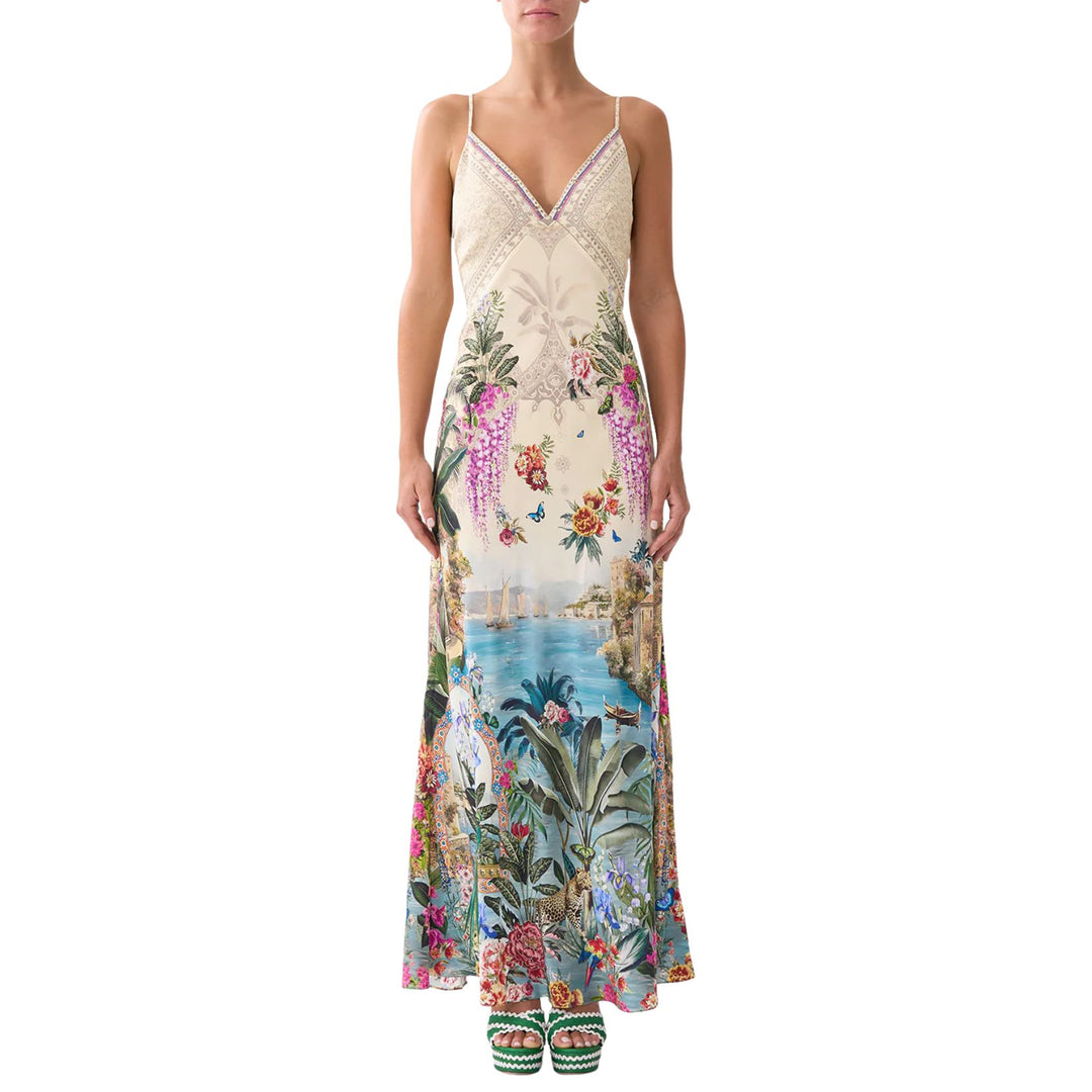 V Neck Full Length Bias Slip Dress in Bodrum Botanicals