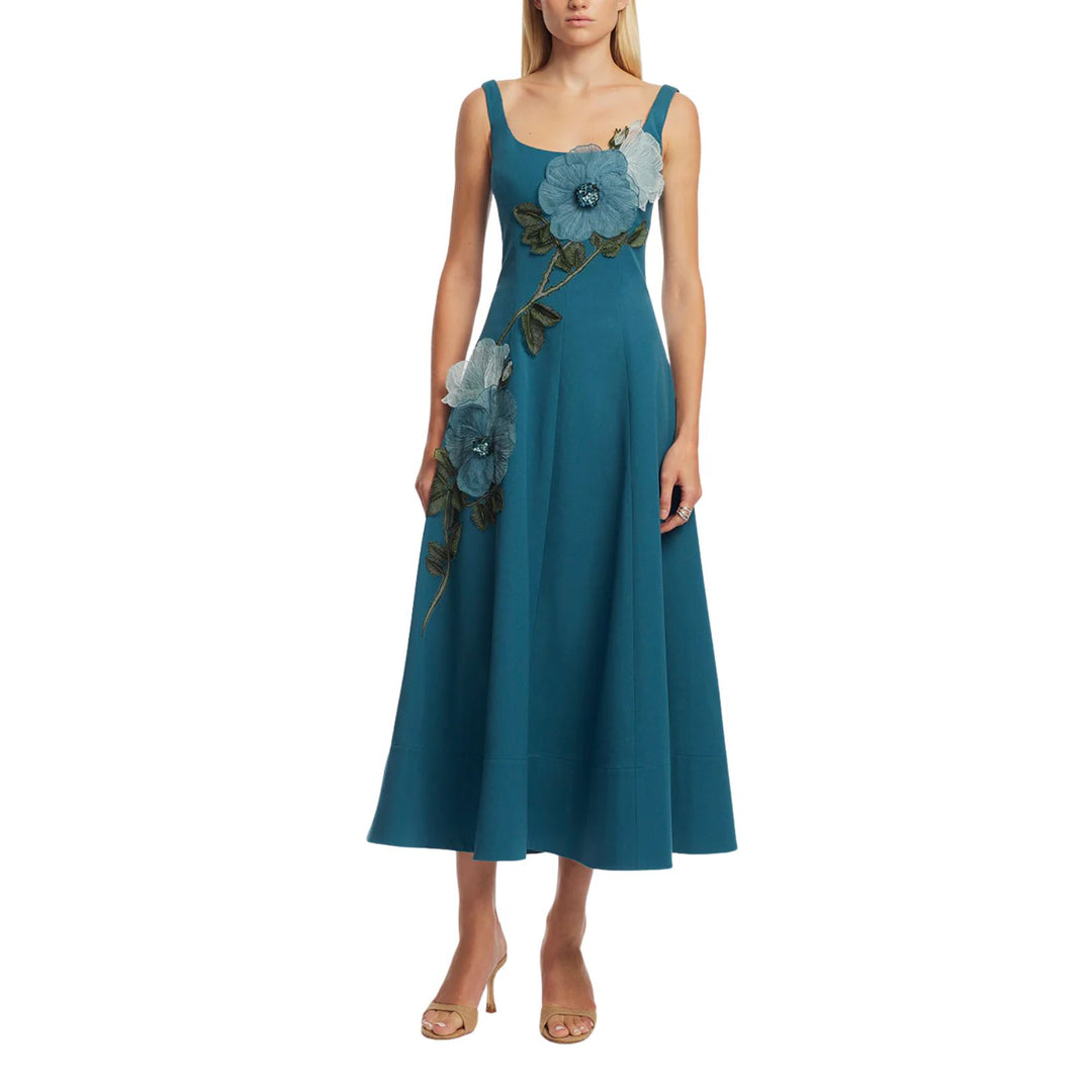 Peony Embroidered Stretch Cotton Full Dress