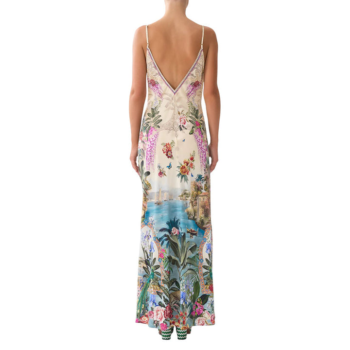 V Neck Full Length Bias Slip Dress in Bodrum Botanicals