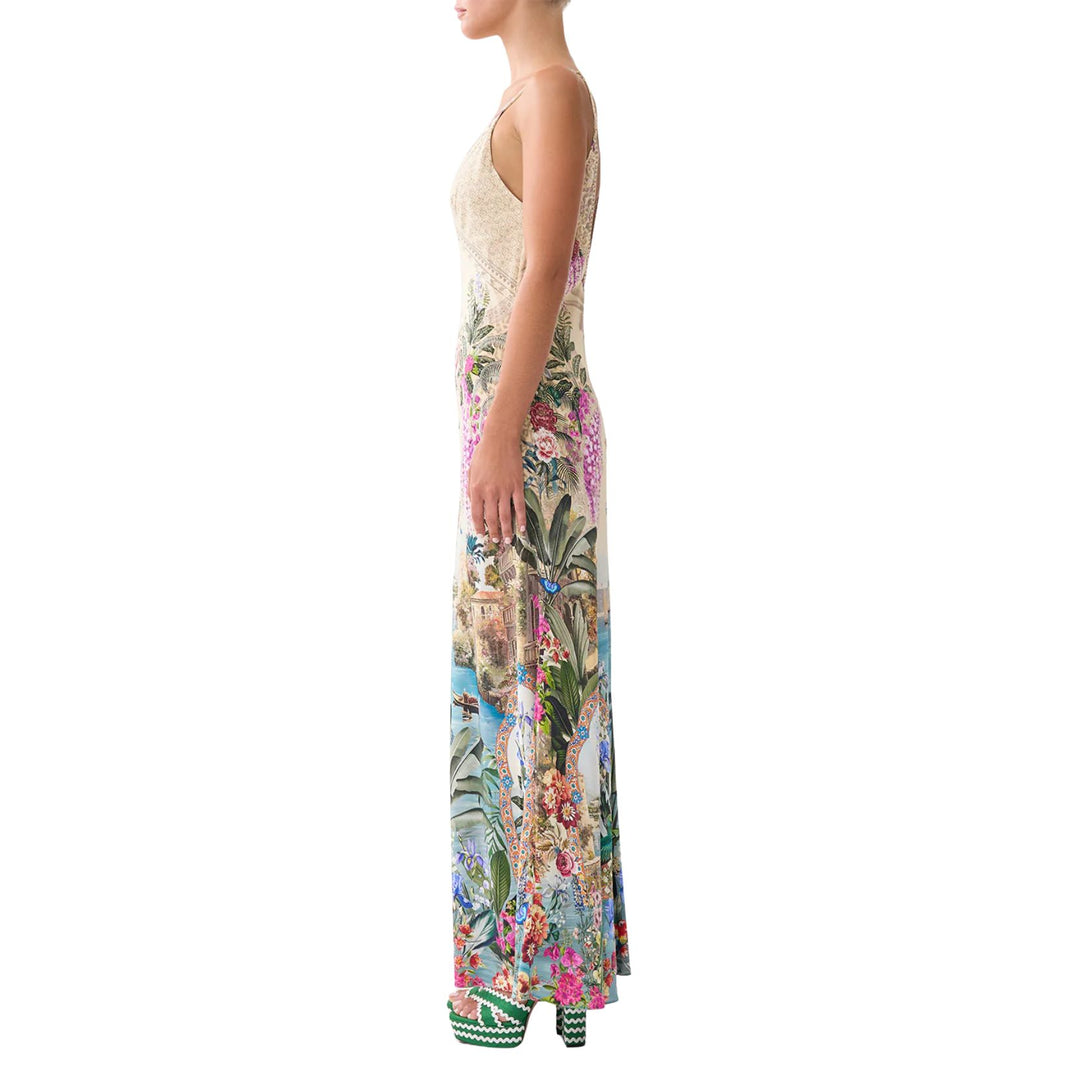 V Neck Full Length Bias Slip Dress in Bodrum Botanicals