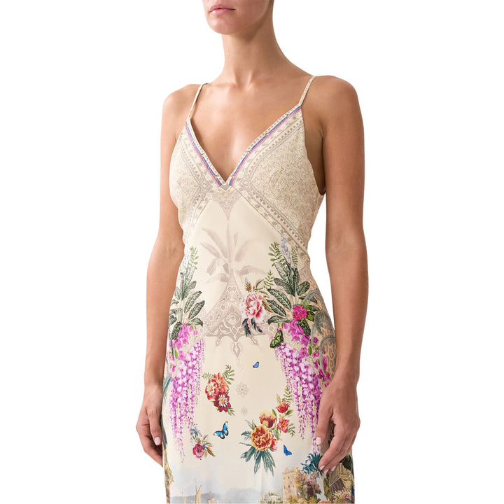 V Neck Full Length Bias Slip Dress in Bodrum Botanicals