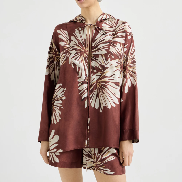 Abstract Dahlias Print Pongee Elastic Waist Short